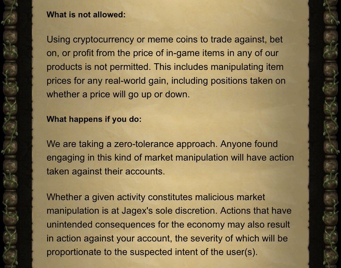 A screenshot of a Jagex policy statement on an aged parchment-style background, warning that using cryptocurrency or meme coins to trade, bet on, or profit from in-game item prices is prohibited, with a zero-tolerance approach and account actions for violators at Jagex's discretion—directly illustrating their crackdown on crypto-related activity in their games like Old School RuneScape.