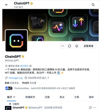 A Twitter/X profile page for "ChainGPT" (@Chain_GPT), a Web3-AI project with 838 followers, 79.8K tweets, and 419 followers in prediction markets like Aethir. The caption relates to the image as the post describes returning to trading crypto "dog coins" and taking profits, which aligns with ChainGPT's positioning as a Web3-AI tool for cryptocurrency trading and market signals.