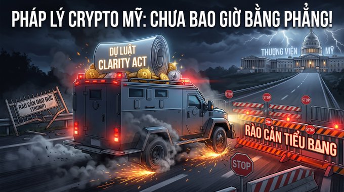 A Vietnamese graphic titled "PHÁP LÝ CRYPTO MỸ: CHƯA BAO GIỜ BẰNG PHẲNG!" depicts an armored truck labeled "CLARITY ACT" crashing through barriers toward the U.S. Capitol ("THƯỢNG VIỆN MỸ").