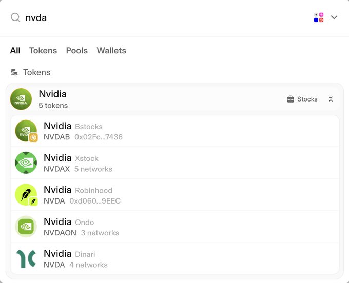 A cryptocurrency search interface displaying results for 'nvda' (Nvidia), listing multiple tokenized versions including Nvidia (NVDAB, NVDAX, NVDA, NVDAON, NVDA) across various networks.