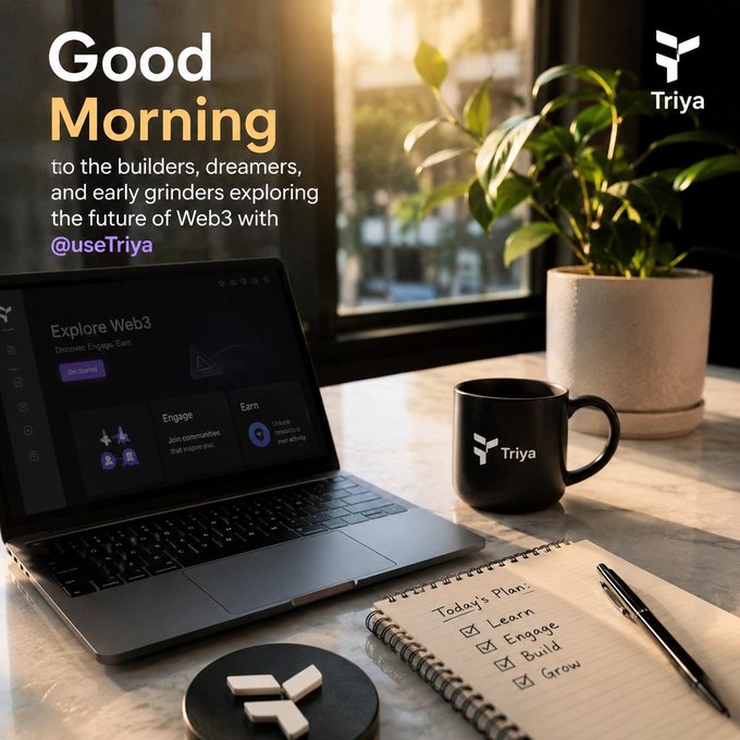 The image features a laptop computer sitting on top of a table with a notebook or pad of paper next to it. The background shows a window overlooking a cityscape, suggesting an urban setting for this workspace. A plant can be seen near the window as well. The text in the image reads "Good morning to the builders, dreamers and early grinders exploring the future of Web3 with @useTria".