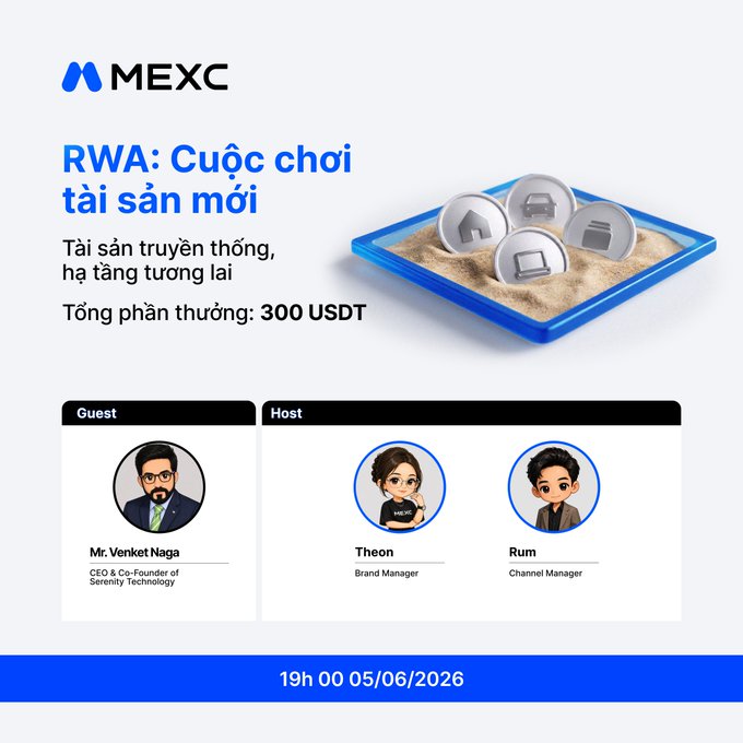 The image features a blue square with white text that says "RWA: Cuoc choi tai san moi". The text also includes a list of names, likely representing the names of some of the speakers at an event or conference related to cryptocurrency or blockchain technology.