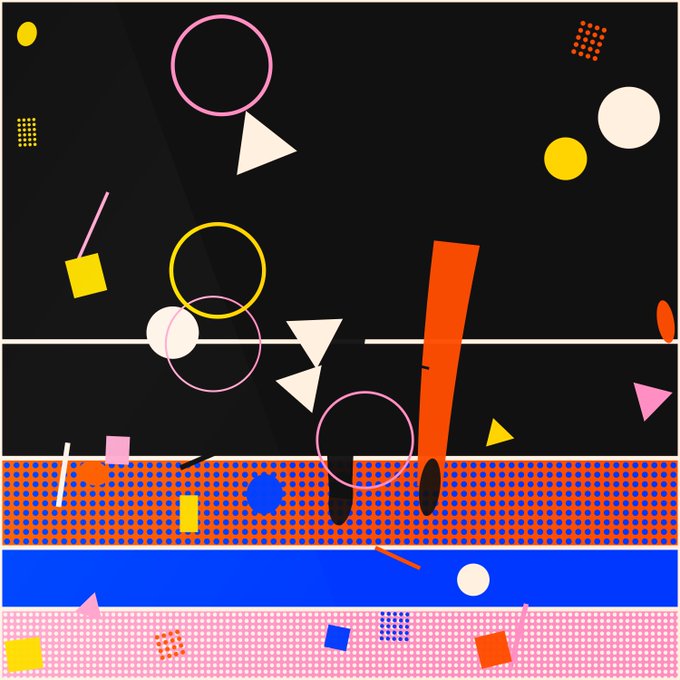 An abstract geometric composition featuring scattered colorful shapes, circles, triangles, and an exclamation mark against a black background, with horizontal bands of orange dotted and pink polka-dot patterns at the bottom.