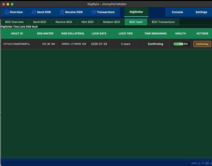 DigiByte wallet interface (JimmyParisWallet) showing the DigiDollar Time Lock DGB Vault with a 3-year lock tier, 492.00 $DD minted, and 250.0% health status marked as 'Confirming'.