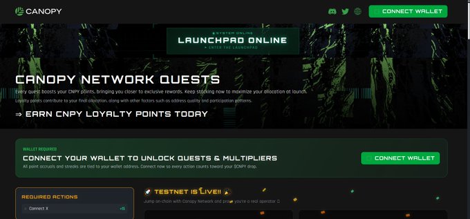 The image shows a webpage for the project Canopy Network (CNPY), which offers a network of testnet blockchain networks that has been launched recently, as described in the accompanying post. The website displays information about CNPY Testnet's launch in February and the number of virtual chains it has already launched. There are instructions on how to join the platform using token faucets and how to earn rewards through the Rewards Hub. The webpage also contains a login link for testing, as well as a "Connect Your Wallet" button that can be used to connect your wallet to launch other networks.