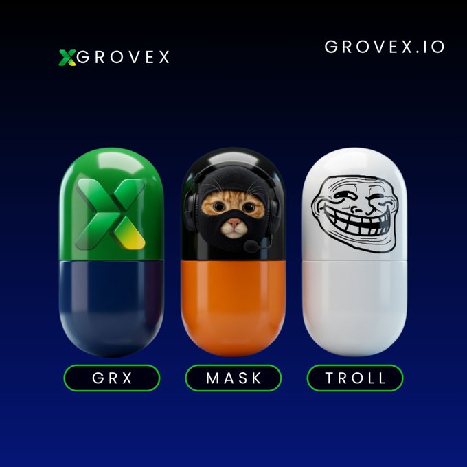 A Grovex.io promotional graphic showcasing three capsule-shaped pills labeled 'GRX' (green X logo), 'MASK' (orange with a cat in a balaclava), and 'TROLL' (white with a troll face meme).