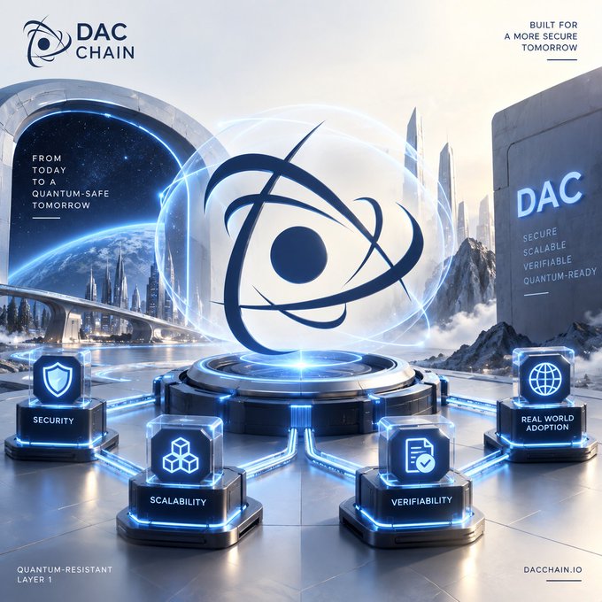 A futuristic promotional graphic for 'DAC CHAIN' highlights features like Security, Scalability, Verifiability, and Real World Adoption with the tagline 'BUILT FOR A MORE SECURE TOMORROW.'
