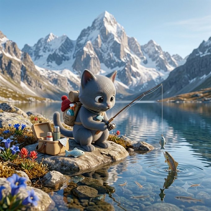 Whimsical 3D-rendered illustration of a gray cartoon cat wearing a backpack, holding a fishing rod by a pristine alpine lake with snow-capped mountains in the background.