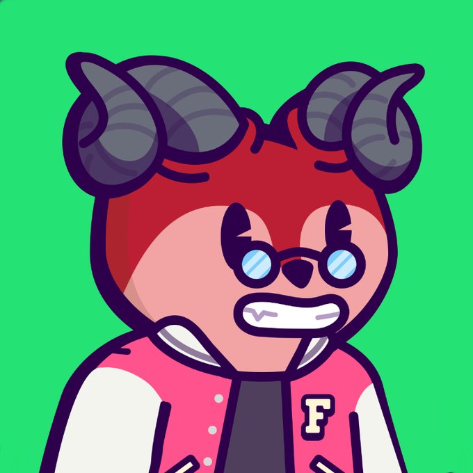 An angry cartoon character with red hair, gray horns, round glasses, and a pink varsity jacket with the letter 'F' against a green background.