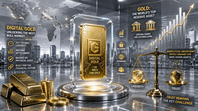 Promotional graphic for 'DIGITAL GOLD' showing a 1oz 999.9 fine gold bar on a display platform, with text highlighting '24/7 GLOBAL LIQUIDITY', 'INSTANT SETTLEMENT', and gold as 'THE WORLD'S TOP RESERVE ASSET' amid cityscape and scale imagery.
