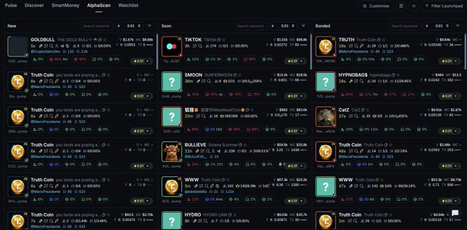 The image shows a cryptocurrency trading platform interface (appears to be AlphaScan) displaying a cluttered launchpad featuring meme coins like GOLDBULL, TRUTH, BULLXIVE, TIKTOK, and SMOON, with most tokens showing declining metrics and high risk percentages. The screenshot perfectly illustrates the post's frustration, as the interface is overwhelmingly packed with speculative tokens and confusing data, suggesting the exhausting complexity of monitoring crypto day trading.