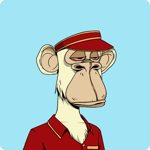 The image features a cartoon monkey wearing a red shirt, hat, and tie. The monkey appears to be dressed as a hotel concierge or housekeeper, with a red cap and a matching red shirt. The background of the image is blue, which contrasts nicely with the monkey's attire. The caption below the image reads: "Ape #8512 Bought for 9.18 ETH 0xf0f8d2533 ... Return to Monke: opensea.io/collection/bor ... bored ape yacht club".