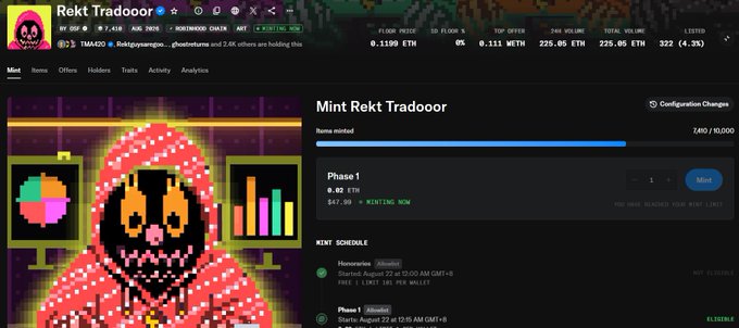 Screenshot of an NFT minting page on OpenSea for the 'Rekt Tradooor' collection priced at 0.12 ETH, showing a pixel-art character with a red hood and middle finger alongside pixel art bars.