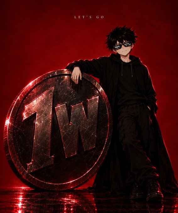 An anime-style character with dark hair and sunglasses leans against a large metallic coin with '1W' engraved on it, set against a red background with the text 'LET'S GO'.
