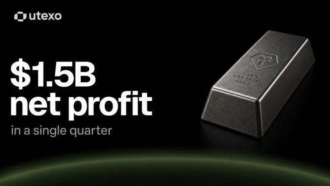 The image is a promotional graphic for Utexo featuring a dark, polished background with a gleaming gold bar on the right side and bold white text on the left highlighting "$1.5B net profit in a single quarter," alongside the Utexo logo at the top. The visual reinforces the post's claim about Tether's massive Q2 2026 profitability, emphasizing that Utexo operates as Tether's Bitcoin-based platform by symbolizing this success with the image of a precious metal bar representing the substantial quarterly earnings.