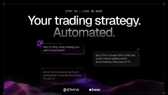 The image features an advertisement for Ethy v2 which promotes a trading strategy developed by an AI named Ethy. The advertisement shows people discussing their strategies over text chat with the theme of automated trading. The primary visual element is a purple wave symbolizing the concept of automated trading, and it overlays a quote that says "Buy if Ether is ETHY9 8% drops in 4 hours and 20 cents increases to 0.79". This quote emphasizes the potential gains for those who use Ethy's trading assistant service.
