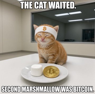 A meme features an orange cat wearing a Bitcoin headband sitting before a plate holding a marshmallow and a chocolate coin, with text reading 'THE CAT WAITED. SECOND MARSHMALLOW WAS BITCOIN.'