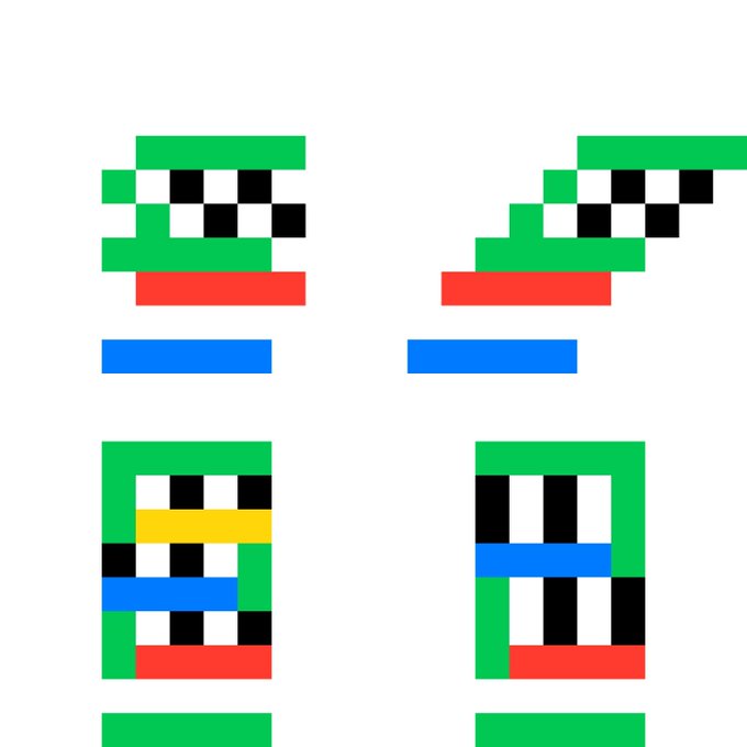 A simple pixel art design on a white background featuring two green helmet-like figures at the top with black and white checkered patterns, and two rectangular figures below with colorful horizontal stripes (yellow, blue, black) and green borders.
