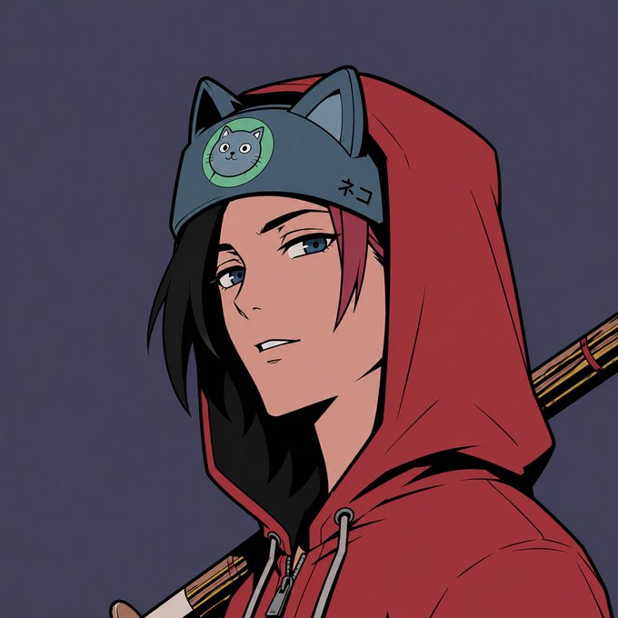 An anime-style character in a red hoodie wearing a headband with cat ears and a cat logo, with Japanese text ネコ (cat) visible.