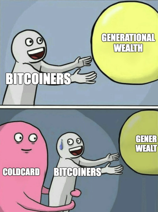 A two-panel meme showing 'Bitcoiners' trying to reach 'Generational Wealth' alone in the top panel, while in the bottom panel 'Coldcard' hugs Bitcoiners from behind, helping them get closer to 'Gener Wealth' (truncated).