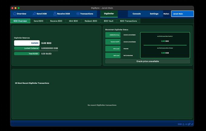 A screenshot of the DigiByte wallet interface showing the DigDollar tab with all balances at 0.00 and 'Oracle price unavailable' status.