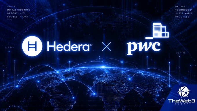 A promotional announcement from The Web3 Alert showcasing a partnership between Hedera ($HBAR) and PwC, featuring their logos against a blue digital globe backdrop with the values "Trust, Infrastructure, Opportunity, Global Impact" and "People, Technology, Sustainable, Progress" displayed in the corners.