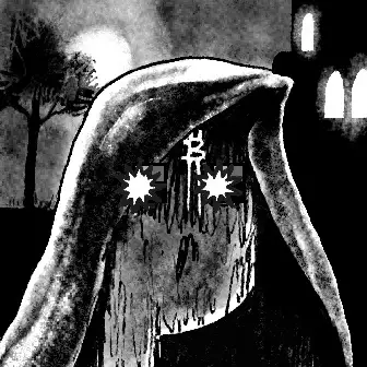 A dark, grainy, high-contrast image depicts a cloaked figure with star-shaped eyes and a key-like symbol on its hood, standing before silhouettes of trees and a building with glowing arched windows.