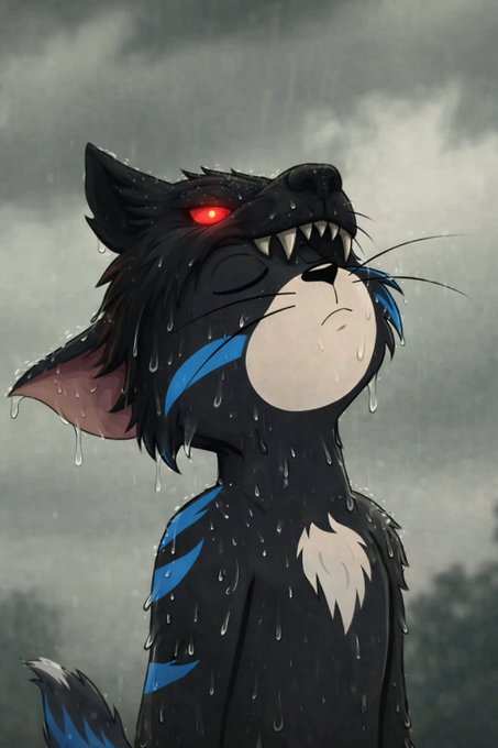 Atmospheric digital artwork of a dark, anthropomorphic wolf character with glowing red eyes and blue markings, standing in the rain with water dripping from its fur.
