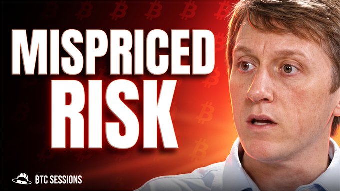 A thumbnail from BTC Sessions titled "MISPRICED RISK" in bold white text over a red Bitcoin-patterned background, featuring a close-up of a man with brown hair. The dramatic styling visually emphasizes the video's discussion about Bitcoin treasury companies and their risk exposure, as referenced in the accompanying post.