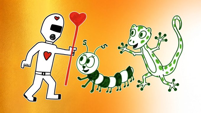 A cartoon illustration shows a white figure with heart symbols holding a red heart-shaped wand, approaching a smiling caterpillar and a spotted green lizard on an orange background.
