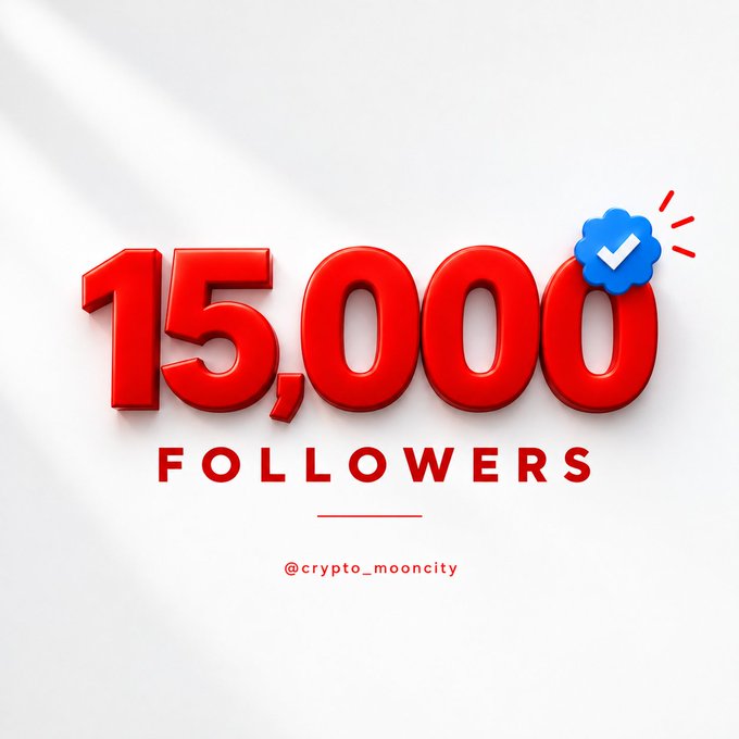 The image is a celebratory milestone graphic featuring the text "15,000 FOLLOWERS" in bold red 3D lettering with a blue verified checkmark badge, credited to "@crypto_mooncity." It visually reinforces the post's call-to-action by showcasing the 15K follower achievement being offered to other accounts seeking growth through engagement.