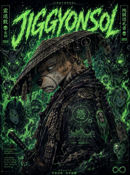 "Jiggyonsol" is written in green letters at the top of the poster, which is a Japanese word for "jiggyon." Below this, there are two images depicting a person wearing a hat with a skull on it and holding a sword. The background of the poster features a green color scheme that includes neon lights and other elements associated with the "Jiggyonsol" series.