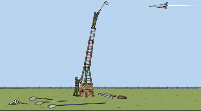 A cartoon depicts two soldiers stacking ladders on crates while one man reaches toward a jet plane with a net, as various sports equipment lies scattered on the grass below.