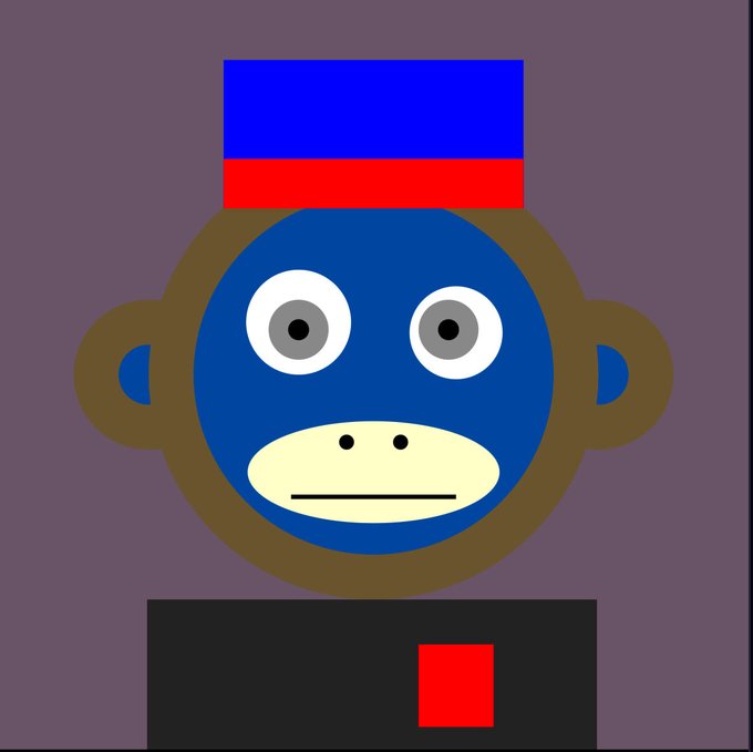 A simple digital drawing of a blue monkey face wearing a blue and red cap, with a gray body featuring a red square, set against a purple background. The image represents the pixelated, minimalist art style typical of early Bitcoin Ordinals collections, visually embodying the "first 10K Ordinals Collection" referenced in the post.