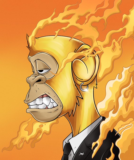 A cartoon monkey with a flaming orange head and an earring wears a black suit against an orange backdrop, embodying the "Mythic" NFT profile referenced in the post. The fiery imagery and stylized character align with the mythical theme associated with the Azuki collection.