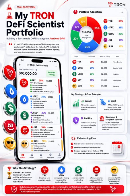 An infographic titled 'My TRON DeFi Scientist Portfolio' detailing a $10,000 asset allocation across TRX (35%), sTRX (25%), USDD (20%), JST (10%), and SUN (10%) on the JustLend DAO platform.