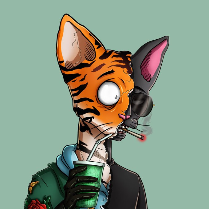 A digital illustration of a stylized cat character with a split design—half orange tiger stripes, half black and gray—wearing sunglasses and holding a green cup with two straws and a lit cigarette.