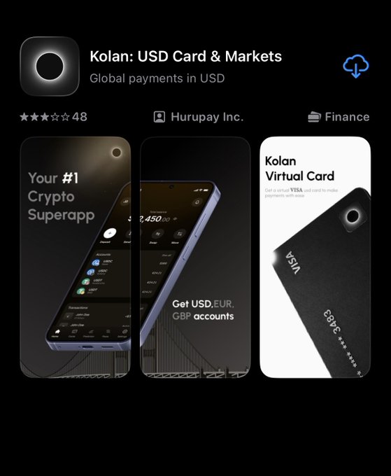 An App Store listing for 'Kolan: USD Card & Markets' by Hurupay Inc., tagged under Finance with a 2.5-star rating, advertising a virtual Visa card and crypto superapp.