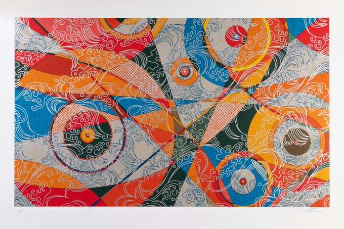 A vibrant abstract art print featuring swirling patterns in red, orange, blue, black, and cream colors, with multiple circular eye-like motifs and intricate line work.
