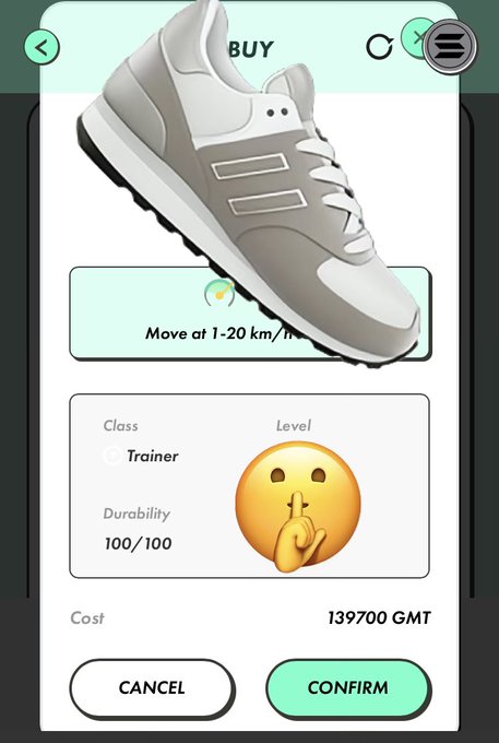 A mobile game screen showing a "BUY" interface for a white and grey sneaker NFT, classified as "Trainer" with 100/100 durability, costing 139700 GMT, with CANCEL and CONFIRM buttons.
