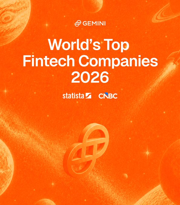 A vibrant orange promotional graphic featuring planetary and celestial designs displays the Gemini logo alongside the headline "World's Top Fintech Companies 2026," with Statista and CNBC credited as partners, celebrating Gemini's inclusion on the prestigious list.