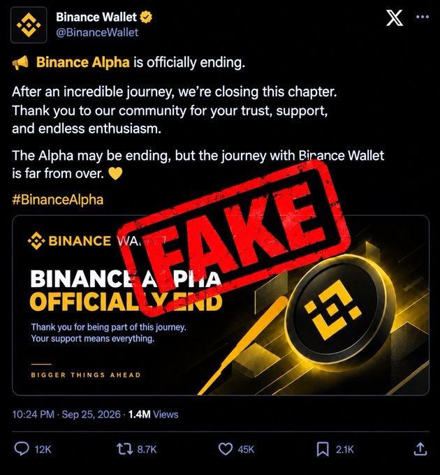 A screenshot of a Binance Wallet tweet announcing 'Binance Alpha is officially ending,' stamped with a large red 'FAKE' overlay to indicate it's a scam.