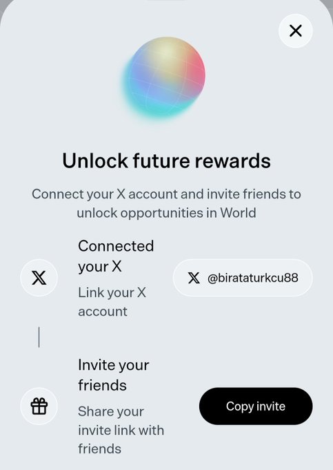 A mobile app screen titled 'Unlock future rewards' prompting the user to connect their X account (@birataturkcu88) and share an invite link via a 'Copy invite' button.