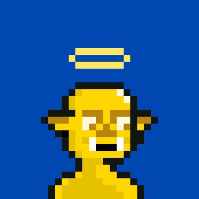 Pixel art of a yellow-skinned character with a halo, grinning sharply with prominent teeth, set against a solid blue background.