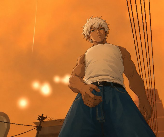 An anime-style illustration of a muscular young man with white hair wearing a white tank top and blue jeans, standing in a low-angle shot against an orange sky with power lines.