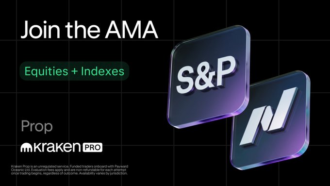 The image is a promotional graphic for a Reddit AMA featuring Kraken Pro, highlighting the addition of "Equities + Indexes" including S&P tickers. The Kraken Pro logo appears in the bottom left with a dark background and purple-accented trading app icons on the right. It serves as a visual reminder for users to submit questions for the August 19th session.