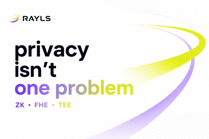 A promotional graphic for RAYLS featuring the tagline 'privacy isn't one problem' with the technologies 'ZK • FHE • TEE' listed below.