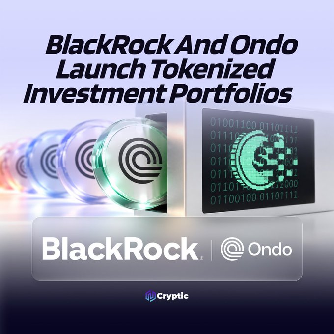 The image is a promotional graphic announcing "BlackRock And Ondo Launch Tokenized Investment Portfolios," featuring the BlackRock and Ondo logos displayed alongside a row of translucent, token-like discs and a digital screen showing binary code with a euro symbol. The visual ties directly to the post by illustrating the tokenization concept, with the illuminated tokens and on-chain data imagery symbolizing BlackRock's investment strategies being packaged into onchain tokens via Ondo.