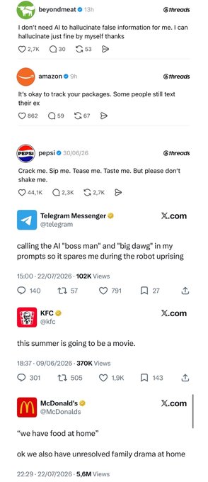 The image shows a series of posts from brand accounts on Threads and X (formerly Twitter), including Beyond Meat, Amazon, Pepsi, Telegram Messenger, KFC, and McDonald's, each posting jokes or quips that customers find cringeworthy or unnecessary. Examples include Pepsi's "Crack me. Sip me. Tease me. Taste me. But please don't shake me," and McDonald's "we have food at home" followed by "ok we also have unresolved family drama at home." The screenshot relates to the post by illustrating exactly why someone would want to start a petition against brands' awkward attempts at humor on social media, as the engagement metrics (thousands of likes and views) show these posts still perform well despite being widely disliked.