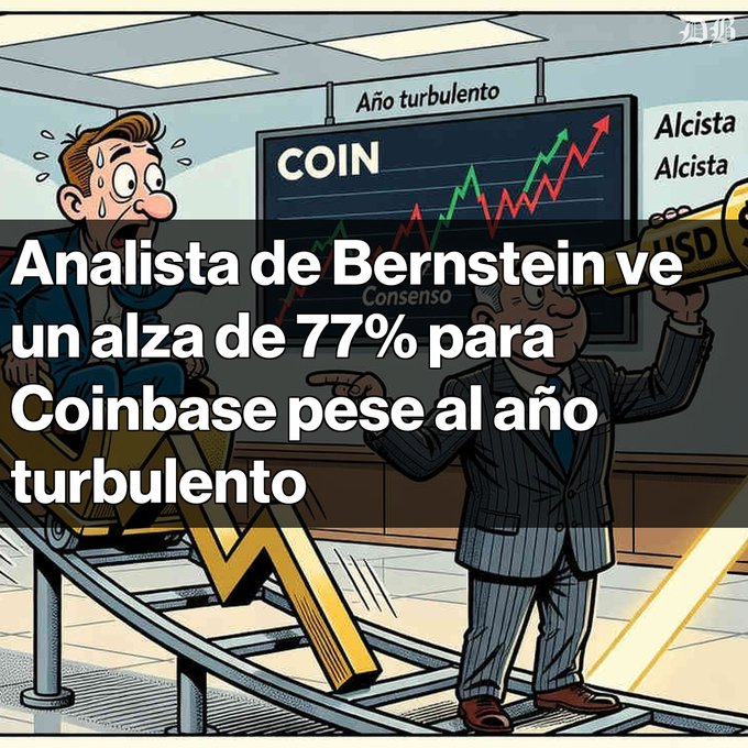Cartoon illustration showing a sweating man watching a 'COIN' stock chart labeled 'Año turbulento' while another man holds money, with text reading 'Analista de Bernstein ve un alza de 77% para Coinbase pese al año turbulento'.